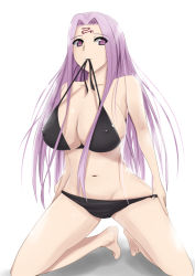 Rule 34 | 00s, 1girl, barefoot, bikini, bikini in mouth, black bikini, breasts, clothes in mouth, dress, fate/stay night, fate (series), groin, huge breasts, long hair, medusa (fate), medusa (rider) (fate), mouth hold, purple eyes, purple hair, simple background, solo, square pupils, swimsuit, tipo (tipoplaza)