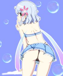 Rule 34 | 10s, 1girl, amagi brilliant park, ass, back, bad id, bad pixiv id, bikini, bikini top only, black panties, blue hair, blush, bubble, earrings, fairy, faon ouji, finger to mouth, flower, from behind, green eyes, hair flower, hair ornament, hip focus, jewelry, leaning forward, looking back, midriff, muse, muse (amaburi), navel, panties, pantyshot, short hair, skirt, smile, soap bubbles, solo, standing, swimsuit, thighs, thong, underwear, upskirt, wings