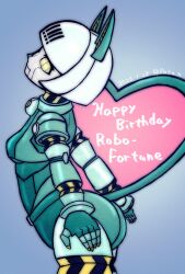 Rule 34 | 1girl, android, ass, belt pouch, birthday, blue background, cat girl, cowboy shot, heart, highres, pata n, pouch, robo-fortune, robot, skullgirls, smile, solo, yellow eyes