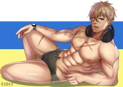 Rule 34 | 1boy, abs, bara, bernheim (king&#039;s raid), black male swimwear, bulge, from side, headphones, headphones around neck, highres, katou shinobu, king&#039;s raid, large pectorals, looking at viewer, lying, male focus, male swimwear, muscular, muscular male, navel, nipples, on side, pectorals, short hair, simple background, solo, stomach, swim briefs, thick eyebrows, thighs, topless male