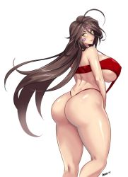 Rule 34 | 1girl, aa megami-sama, aged up, ahoge, ass, back, black hair, breasts, commission, devil-v, eyelashes, facial mark, forehead mark, from side, highres, huge ahoge, huge ass, huge breasts, kneepits, long hair, looking back, narrow waist, one-piece swimsuit, red one-piece swimsuit, red slingshot swimsuit, simple background, skuld (aa megami-sama), slingshot swimsuit, smile, solo, standing, swimsuit, thick thighs, thighs, very long hair, white background, yellow eyes