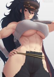 Rule 34 | 1girl, abs, arm up, arm wrap, black hair, breasts, chest sarashi, closed mouth, daidouji (senran kagura), hair between eyes, hand on own hip, hat, large breasts, long hair, looking at viewer, mole, mole under eye, muscular, muscular female, navel, putcher, red eyes, sarashi, senran kagura, smile, standing, white background