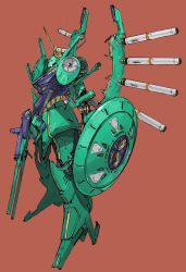 Rule 34 | floating, gun, gundam, highres, holding, holding gun, holding shield, holding weapon, looking at viewer, mecha, no humans, one-eyed, palace athene, peter (peter6409), red background, redesign, robot, science fiction, shield, solo, weapon, zeta gundam