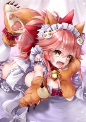 Rule 34 | 1girl, animal ears, animal hands, bell, bonnet, bow, breasts, cat, cat day, claws, cleavage, collar, commentary request, dress, fangs, fate/grand order, fate (series), hair between eyes, hane yuki, highres, long hair, looking at viewer, lying, on stomach, open mouth, purple dress, red bow, red collar, red hair, short sleeves, simple background, tamamo (fate), tamamo cat (fate), tamamo cat (third ascension) (fate), yellow eyes