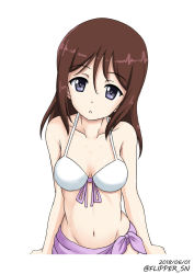 Rule 34 | 10s, 1girl, bikini, black eyes, breasts, brown hair, collarbone, commentary, dated, flipper, front-tie bikini top, front-tie top, girls und panzer, long hair, looking at viewer, medium breasts, megumi (girls und panzer), one-hour drawing challenge, parted lips, sarong, simple background, solo, standing, swept bangs, swimsuit, twitter username, upper body, white background, white bikini