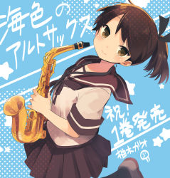 Rule 34 | 1girl, black ribbon, black thighhighs, blue background, brown eyes, brown footwear, brown hair, brown ribbon, brown sailor collar, brown skirt, closed mouth, commentary request, hair ribbon, highres, holding, holding instrument, instrument, kantai collection, looking at viewer, neck ribbon, pleated skirt, polka dot, polka dot background, ponytail, ribbon, sailor collar, saxophone, school uniform, serafuku, shikinami (kancolle), shirt, shoes, short sleeves, skirt, smile, solo, thighhighs, translation request, white shirt, yuzuki gao