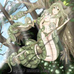 Rule 34 | 5girls, age difference, blush, breasts, coiled, green hair, lamia, monster girl, mother and daughter, multiple girls, nipples, nude, pussy, snake, snake tail, snifer25, tail, tree