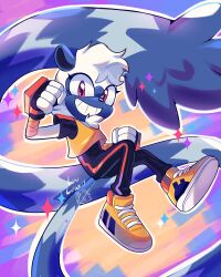 Rule 34 | 1girl, absurdres, artist name, black bodysuit, bodysuit, clenched hands, furry, furry female, gloves, grin, highres, looking at viewer, lou lubally, orange shirt, shirt, shoes, short sleeves, sleeveless, smile, solo, sonic (series), sonic the hedgehog (idw), tangle the lemur, watermark