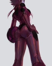 Rule 34 | 1girl, ass, biker clothes, bikesuit, bodysuit, breasts, brown eyes, chorin (yl), from below, grey background, hand on own hip, head out of frame, helmet, highres, holding, holding helmet, izayoi aki, medium breasts, red bodysuit, red hair, shiny clothes, short hair with long locks, sidelocks, simple background, solo, twitter username, yu-gi-oh!, yu-gi-oh! 5d&#039;s