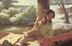 Rule 34 | 1girl, animal, bigrbear, black hair, black pubic hair, breasts, brown eyes, calligraphy, calligraphy brush, chinese clothes, chinese zodiac, cleft of venus, dudou, female pubic hair, highres, holding, holding paintbrush, looking at viewer, medium breasts, medium hair, new year, nipples, original, outdoors, paintbrush, parted lips, plant, pubic hair, rabbit, smile, snow, solo, thighs, uncensored, year of the rabbit