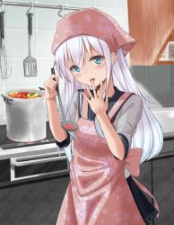 Rule 34 | 10s, 1girl, :p, bandana, black skirt, blue eyes, blush, closed mouth, collar, cooking, cowboy shot, floral print, food, head tilt, hibiki (kancolle), highres, holding, indoors, jewelry, kantai collection, kitchen, ladle, licking, licking finger, long hair, pleated skirt, pot, ring, risokaaso (tommy9551), school uniform, serafuku, shelf, shirt, short sleeves, skirt, sleeve cuffs, smile, solo, spatula, spread fingers, stew, stove, tasting, tongue, tongue out, upper body, verniy (kancolle), very long hair, wedding band, whisk, white hair, white shirt, リソカーソ