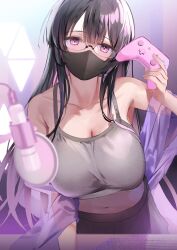 Rule 34 | 1girl, arm support, bare shoulders, black hair, black mask, black skirt, blurry, blurry foreground, breasts, camisole, chiro (norishiro michiro), cleavage, collarbone, commentary request, controller, cowboy shot, grey camisole, hair between eyes, highres, holding, holding controller, keyboard (computer), large breasts, long hair, mask, microphone, midriff, mouth mask, navel, original, pleated skirt, purple eyes, see-through, sidelocks, skirt, solo, spaghetti strap, very long hair