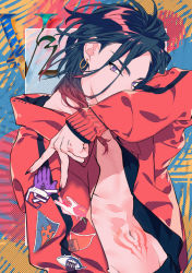 Rule 34 | 1boy, abstract background, black hair, character request, commentary request, copyright request, covered mouth, earrings, fingernails, hoop earrings, jacket, jewelry, long hair, long sleeves, looking at viewer, male focus, navel, purple eyes, red jacket, sachico66, sharp fingernails, solo, stomach tattoo, tattoo, upper body, v