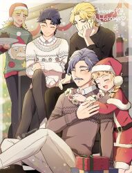 Rule 34 | 5boys, aged down, black pants, black sweater, blonde hair, blue hair, blush, braid, child, christmas, christmas present, christmas sweater, closed eyes, closed mouth, commentary, dio brando, english commentary, facial hair, family, father and son, fur trim, george joestar, gift, giorno giovanna, grandfather and grandson, happy, happy holidays, hat, highres, holding, implied yaoi, indoors, jojo no kimyou na bouken, jonathan joestar, long hair, long sleeves, morino peko, multiple boys, mustache, open mouth, pants, robert e. o. speedwagon, santa costume, santa hat, short hair, smile, sweater, vento aureo, white pants