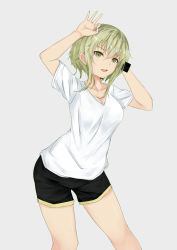 Rule 34 | 1girl, arm up, black shorts, breasts, cellphone, cleavage, collarbone, cowboy shot, green eyes, green hair, grey background, gumi, hair between eyes, highres, holding, holding phone, looking at viewer, medium breasts, open mouth, ozma (ac0136), phone, shirt, short hair with long locks, short shorts, short sleeves, shorts, sidelocks, simple background, smartphone, solo, standing, t-shirt, talking on phone, teeth, vocaloid, white shirt