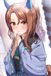 Rule 34 | 1girl, animal ears, blush, breath, brown eyes, brown hair, commentary request, floral print, green kimono, hair between eyes, hands up, highres, horse ears, horse girl, horse tail, japanese clothes, kimono, king halo (umamusume), long hair, obi, open clothes, palms together, parted bangs, parted lips, ponytail, print kimono, sash, shaka (staito0515), sleeves past wrists, solo, tail, umamusume, wide sleeves