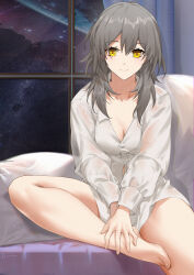 Rule 34 | 1girl, barefoot, bed, blue curtains, breasts, cleavage, commentary request, cowboy shot, feet, grey hair, hair between eyes, highres, honkai: star rail, honkai (series), large breasts, light blush, linreplica, long hair, looking at viewer, no pants, on bed, pillow, see-through, see-through shirt, shirt, smile, soles, solo, star (sky), stelle (honkai: star rail), thighs, toes, trailblazer (honkai: star rail), white shirt, window, yellow eyes