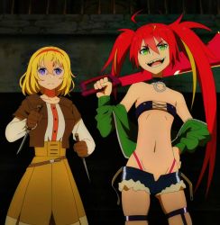 Rule 34 | 2girls, alicia (full dive), blonde hair, breasts, gloves, green eyes, hand on own hip, highres, holding, holding sword, holding weapon, jacket, kyuukyoku shinka shita full dive rpg ga genjitsu yori mo kusoge dattara, legs, long hair, looking at viewer, medium breasts, midriff, mizarisa, multiple girls, navel, open mouth, purple eyes, red hair, screencap, short hair, shorts, skirt, small breasts, smile, stitched, strapless, sword, thighs, third-party edit, thong, tongue, tube top, twintails, unbuttoned, unzipped, weapon, wide hips