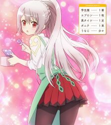 Rule 34 | 1girl, apron, futoku no guild, highres, holding, looking at viewer, maidena angers, pantyhose, pleated skirt, ponytail, red eyes, school uniform, screencap, skirt, third-party edit, white hair