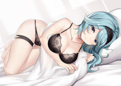 Rule 34 | 1girl, bare arms, bare shoulders, barefoot, bed sheet, black bra, black hairband, black panties, blue hair, bra, breasts, cleavage, collarbone, commentary request, eula (genshin impact), genshin impact, hairband, large breasts, long hair, looking at viewer, lying, on side, panties, pillow, purple eyes, skindentation, solo, thigh strap, underwear, underwear only, yukinoshita (shaonjishi)