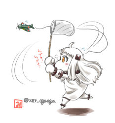 Rule 34 | 10s, 1girl, abyssal ship, ahoge, aircraft, airplane, butterfly net, chasing, colored skin, dress, hand net, holding, horns, kantai collection, mittens, northern ocean princess, oga koichi, running, solo, translation request, white dress, white hair, white skin, yellow eyes