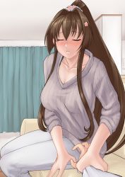 Rule 34 | 1girl, blush, breasts, brown hair, cleavage, collarbone, closed eyes, grey sweater, hair intakes, hand grab, highres, holding another&#039;s wrist, indoors, kantai collection, large breasts, long hair, long sleeves, looking at viewer, mrdotd, pants, parted lips, ponytail, sidelocks, sitting, solo focus, sweater, very long hair, white pants, yamato (kancolle)