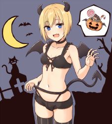Rule 34 | 1girl, bat (animal), black bra, black neckwear, black shorts, black thighhighs, blonde hair, blue eyes, blush, bra, breasts, cat, choker, crescent, demon horns, demon tail, demon wings, erica hartmann, fake horns, fang, halloween, halloween bucket, halloween costume, horns, jack-o&#039;-lantern, looking at viewer, momiji7728, navel, night, night sky, open mouth, pumpkin, short hair, shorts, sky, small breasts, smile, solo, strike witches, tail, thighhighs, tongue, tree, underwear, wings, world witches series