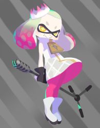 Rule 34 | 1girl, arms behind back, boots, crown, diagonal stripes, dress, fingerless gloves, forehead, full body, gloves, gradient hair, grey background, inkling, looking at viewer, microphone, multicolored hair, nintendo, official style, pantyhose, pearl (splatoon), pink pantyhose, saitou naoki, short hair, simple background, sleeveless, sleeveless dress, smile, splatoon (series), splatoon 2, standing, striped, striped background, tentacle hair, white dress, white footwear, white hair, yellow eyes