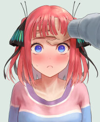 Rule 34 | 1boy, 1girl, black ribbon, blue eyes, blunt bangs, blush, bob cut, butterfly hair ornament, closed mouth, collarbone, commentary request, go-toubun no hanayome, hair ornament, hair ribbon, hand on another&#039;s head, hand on own neck, highres, ishiyuki, multicolored nails, multicolored shirt, nakano nino, pink hair, revision, ribbon, shirt, short hair, sidelocks, solo focus, striped clothes, striped shirt, sweatdrop, uesugi fuutarou
