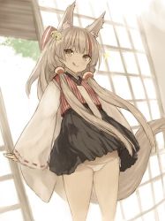 Rule 34 | 1girl, :p, animal ears, arms at sides, azur lane, bell, bow, extra ears, fox ears, fox tail, goekawa, grey hair, hair bell, hair bow, hair ornament, japanese clothes, kamikaze (azur lane), long hair, long sleeves, lowleg, lowleg panties, multicolored hair, panties, ribbon, ribbon-trimmed sleeves, ribbon trim, shouji, side-tie panties, side ponytail, skirt, sliding doors, smile, solo, sparkle, standing, streaked hair, tail, tongue, tongue out, underwear, wind, wind lift