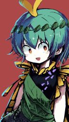 Rule 34 | 1girl, antennae, aqua hair, bad id, bad nicoseiga id, blush stickers, brown eyes, butterfly wings, dress, eternity larva, fairy, green dress, hair between eyes, highres, insect wings, leaf, leaf on head, multicolored clothes, multicolored dress, open mouth, piaki, pixel art, red background, short hair, simple background, single strap, solo, third-party source, touhou, upper body, wings
