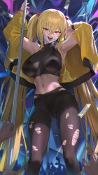 Rule 34 | 1girl, bare shoulders, blonde hair, borrowed character, breasts, brown pantyhose, hair bobbles, hair ornament, highres, hood (james x), jacket, large breasts, long hair, long sleeves, looking at viewer, navel, open mouth, original, pantyhose, red eyes, sayuri (k pring), smile, thighs, tongue, tongue out, torn clothes, twintails, very long hair, yellow jacket