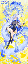 Rule 34 | 1girl, 2024, absurdres, animal, artist name, black footwear, black gloves, black leotard, blue eyes, blue hair, boots, braid, breasts, chinese zodiac, closed mouth, commentary request, covered collarbone, dated, dragon, dragon horns, gloves, hair between eyes, half gloves, happy new year, high heel boots, high heels, high ponytail, highres, horns, knee boots, leotard, long hair, long sleeves, medium breasts, nardack, new year, original, pointy ears, ponytail, puffy long sleeves, puffy sleeves, see-through, see-through sleeves, shirt, signature, single braid, smile, solo, very long hair, year of the dragon, yellow background