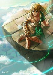 Rule 34 | 1boy, archaic set (zelda), asymmetrical gloves, asymmetrical sleeves, blonde hair, blue eyes, blue sky, closed mouth, cloud, cloudy sky, commentary request, day, gloves, highres, link, male focus, nintendo, on floor, outdoors, pillar, pointy ears, sakuya 996, sandals, sitting, sky, solo, stone floor, the legend of zelda, the legend of zelda: breath of the wild
