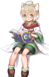 Rule 34 | 1boy, ahoge, animal ears, bad id, bad pixiv id, bare legs, blonde hair, book, cat ears, closed mouth, cosplay, crescent, folks (nabokof), full body, green eyes, green shorts, invisible chair, lab coat, laphicet (tales), leon geeste, leon geeste (cosplay), looking at viewer, male focus, shoes, shorts, simple background, sitting, smile, socks, solo, star ocean, star ocean the second story, tales of (series), tales of berseria, white background, white socks