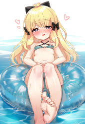 Rule 34 | 1girl, absurdres, aged down, aqua bikini, bikini, black bow, blonde hair, blue eyes, blunt bangs, blush, bow, child, flat chest, foot focus, foreshortening, hair bow, heart, heart-shaped pupils, highres, long hair, looking at viewer, navel, open mouth, picter, princess connect!, saren (princess connect!), saren (summer) (princess connect!), sitting, smile, soles, solo, swimsuit, symbol-shaped pupils, toes, wet