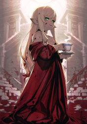 1girl absurdres artist_name bare_shoulders black_choker blonde_hair blood blood_in_hair blood_on_clothes blood_on_face blood_on_ground blood_splatter choker cup dress final_fantasy final_fantasy_xiv green_eyes highres holding holding_cup holding_saucer kyo_(kuroichigo) lalafell light_smile long_hair off-shoulder_dress off_shoulder pointy_ears red_dress saucer signature teacup warrior_of_light_(ff14)