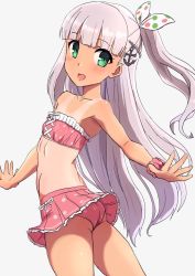 Rule 34 | 1girl, anchor, anchor hair ornament, arm scrunchie, bikini, bikini skirt, blush, comala (komma la), female focus, flat chest, green eyes, grey background, hair ornament, hair ribbon, highres, kantai collection, long hair, maestrale (kancolle), one-piece tan, one side up, open mouth, outstretched arms, pink bikini, polka dot, polka dot bikini, polka dot ribbon, ribbon, scrunchie, silver hair, simple background, solo, swimsuit, tan, tanline
