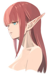 Rule 34 | 1girl, blue eyes, blunt bangs, breasts, cleavage, collarbone, long hair, medium breasts, open mouth, original, pink hair, pointy ears, simple background, sketch, solo, straight hair, sushi (sashimise), upper body, white background