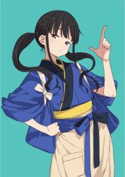 Rule 34 | 1girl, black hair, blue background, blue kimono, closed mouth, commentary, cowboy shot, floating hair, hand on own hip, imigimuru, index finger raised, inoue takina, japanese clothes, kimono, lone nape hair, long hair, looking at viewer, lycoris recoil, official alternate costume, official alternate hairstyle, purple eyes, sash, sidelocks, simple background, solo, tasuki, twintails, twintails day