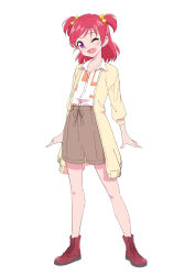 Rule 34 | 1girl, ;d, bow, brown shorts, collarbone, collared shirt, dress shirt, full body, hair bow, highres, jwetefmgyvhlxqn, long hair, long sleeves, looking at viewer, one eye closed, open mouth, precure, print shirt, red eyes, red footwear, red hair, shirt, shorts, simple background, smile, solo, standing, two side up, white background, white shirt, wing collar, yellow bow, yes! precure 5, yumehara nozomi