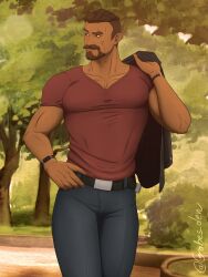 Rule 34 | 1boy, absurdres, arm hair, artist name, beard, belt, biceps, bracelet, brown hair, dark skin, facial hair, gabes den, hand on belt, highres, jacket, jacket on shoulders, jewelry, looking to the side, male focus, manly, mature male, muscular, muscular male, mustache, outdoors, overwatch, pants, park, pectorals, raised eyebrows, reaper (overwatch), scar, shirt, short hair, signature, solo, sunset, thick eyebrows, thick thighs, thighs, tight clothes, tree, undercut, walking, watch