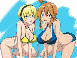 Rule 34 | 10s, 2girls, all fours, ass, blonde hair, blush, bottomless, breasts, cleavage, creatures (company), elesa (pokemon), female focus, game freak, gym leader, jumon, large breasts, multiple girls, nintendo, no panties, pokemon, pokemon bw, red hair, short hair, skyla (pokemon), smile, swimsuit
