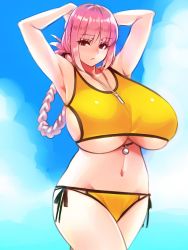 Rule 34 | 1girl, alternate breast size, armpits, arms behind head, arms up, bare shoulders, bikini, blue sky, blush, braid, breasts, closed mouth, collarbone, fate/grand order, fate (series), florence nightingale (chaldea lifesavers) (fate), florence nightingale (fate), folded ponytail, hayama kazusa, highres, hip focus, huge breasts, long hair, looking at viewer, navel, pink hair, red eyes, side-tie bikini bottom, single braid, sky, solo, standing, swimsuit, underboob, very long hair, whistle, wide hips, yellow bikini
