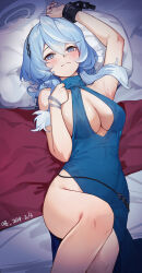 Rule 34 | 1girl, absurdres, ako (blue archive), ako (dress) (blue archive), armpits, ass, azema, black hairband, blue archive, blue dress, blue eyes, blue hair, blue halo, blush, breasts, closed mouth, cuffs, dated, dress, feet out of frame, hair between eyes, hairband, halo, handcuffs, highres, large breasts, long hair, looking at viewer, official alternate costume, pillow, sideboob, signature, sleeveless, sleeveless dress, solo