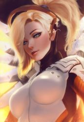 Rule 34 | 1girl, armor, artist name, bad id, bad tumblr id, blonde hair, blue eyes, bodysuit, breastplate, breasts, closed mouth, eyelashes, eyeliner, glowing, glowing wings, hair ornament, hair tie, halo, headgear, high collar, high ponytail, highres, large breasts, light smile, lips, long sleeves, looking at viewer, makeup, mechanical halo, mechanical wings, mercy (overwatch), overwatch, overwatch 1, parted lips, pink lips, raikoart, revision, skin tight, solo, turtleneck, upper body, wing print, wings, yellow wings