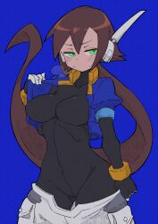 Rule 34 | 1girl, absurdres, aile (mega man zx), bodysuit, bodysuit under clothes, breasts, brown hair, buzzlyears, closed mouth, clothes pull, curvy, green eyes, groin, highres, large breasts, long hair, mega man (series), mega man zx, mega man zx advent, ponytail, shorts, shorts pull