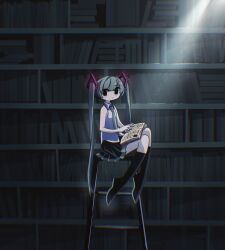 Rule 34 | 1girl, :/, alternate eye color, black eyes, black footwear, black skirt, blue hair, blue necktie, book, book on lap, bookshelf, boots, closed mouth, commentary, dokumitsu akaringo, hair ornament, hatsune miku, highres, holding, holding book, indoors, knee boots, library, light particles, light rays, long hair, looking at viewer, necktie, no detached sleeves, on ladder, open book, pleated skirt, shirt, sitting, skirt, sleeveless, sleeveless shirt, solo, twintails, very long hair, vocaloid, white shirt, wide shot