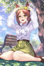 Rule 34 | 1girl, animal ears, arms up, bare legs, belt, bench, blush, breasts, brown hair, buttons, cloud, collared shirt, day, feet out of frame, fine motion (umamusume), flower wreath, grass, green eyes, green skirt, hair between eyes, hamanashi (trapiorra), head wreath, highres, horse ears, horse girl, horse tail, long sleeves, multicolored hair, open mouth, outdoors, pleated skirt, shirt, sitting, skirt, small breasts, smile, solo, tail, tree, two-tone hair, umamusume, wariza, white shirt