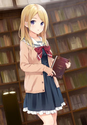 Rule 34 | 1girl, :o, black shirt, black skirt, blonde hair, blush, book, bookshelf, bow, brown cardigan, cardigan, collarbone, commentary request, dutch angle, frilled shirt collar, frilled skirt, frills, holding, holding book, indoors, long hair, long sleeves, n.g., open cardigan, open clothes, original, parted lips, pleated skirt, purple eyes, red bow, sailor collar, shirt, skirt, sleeves past wrists, solo, standing, white sailor collar